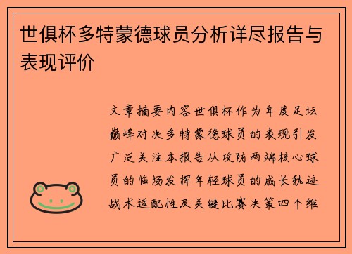 世俱杯多特蒙德球员分析详尽报告与表现评价